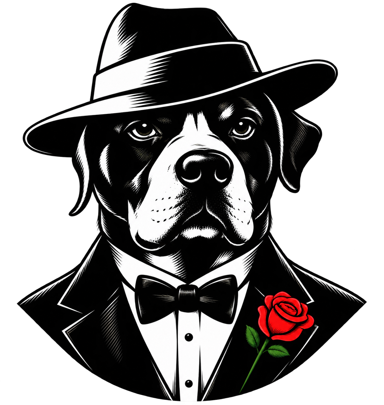 Illustrated dog in a fedora and tuxedo with a red rose on the lapel